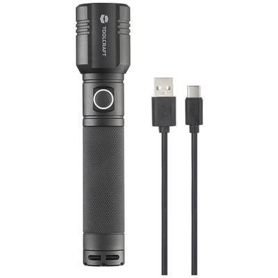 A black torch with a USB-C charging cable. The torch has a non-slip grip and a large power button.