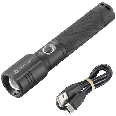 Black torch with textured grip and side button, alongside a USB cable for charging.