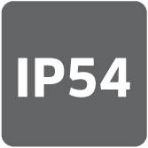 'IP54' symbol on a structured background indicates protection type: limited dust protection, splash-water resistant.