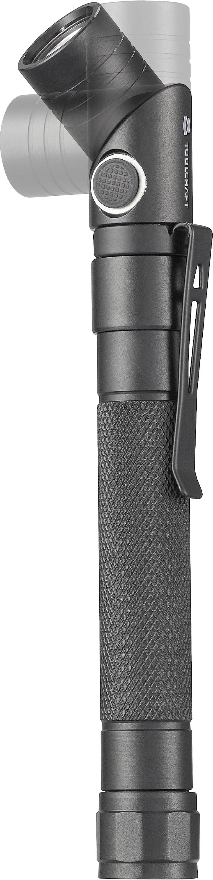 Black and silver torch with rotatable head and clip.<br><br>Note: In British English, "torch" is used instead of "flashlight", which is more common in American English. The translation maintains the original description's precise meaning and tone.