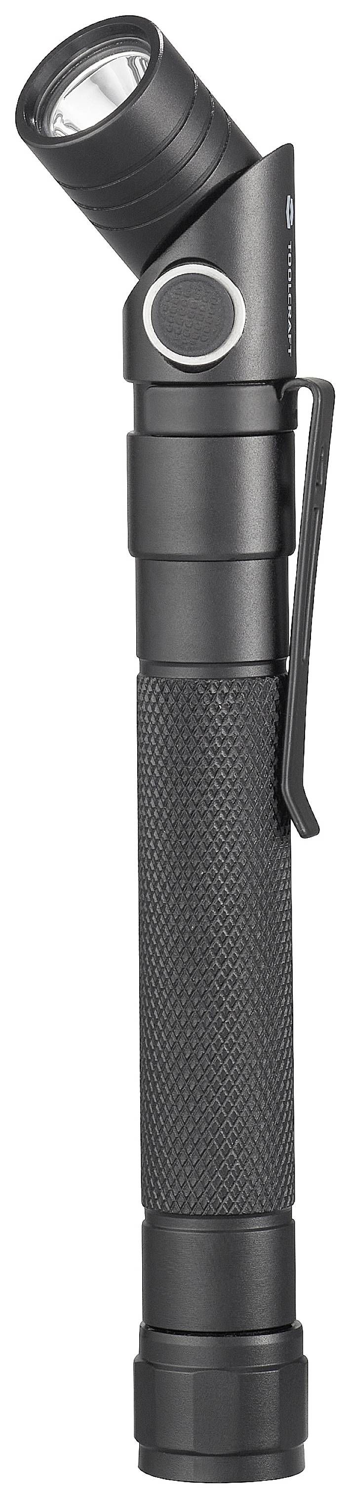 A black torch with an angled head and clip, standing upright.