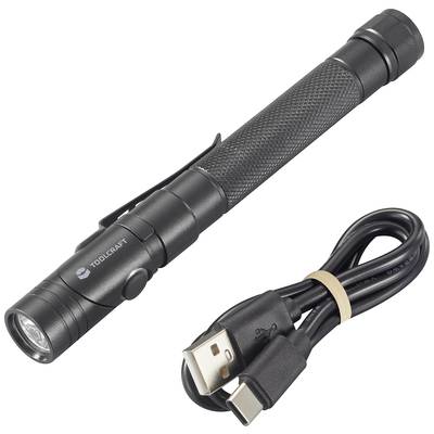 Metal pocket torch with USB connection, alongside a matching charging cable. Ideal for outdoor use and emergency situations.