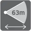 Symbol of a safety distance with a cone indicating a distance of 63 metres. Two arrows at the bottom point left and right.