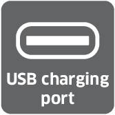 Symbol of a USB charging socket and the text 'USB charging port'