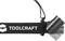 A black TOOLCRAFT LED head torch with adjustable strap and a light beam on the right, ideal for outdoor use.