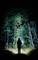 A person stands in the woods at night, illuminated by a powerful light that brightens the trees and surrounding area. A mysterious, atmospheric scene.