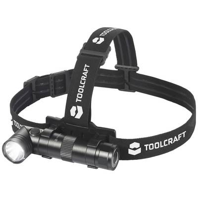 Black head torch with adjustable strap and LED light, 'Toolcraft' brand, against white background.