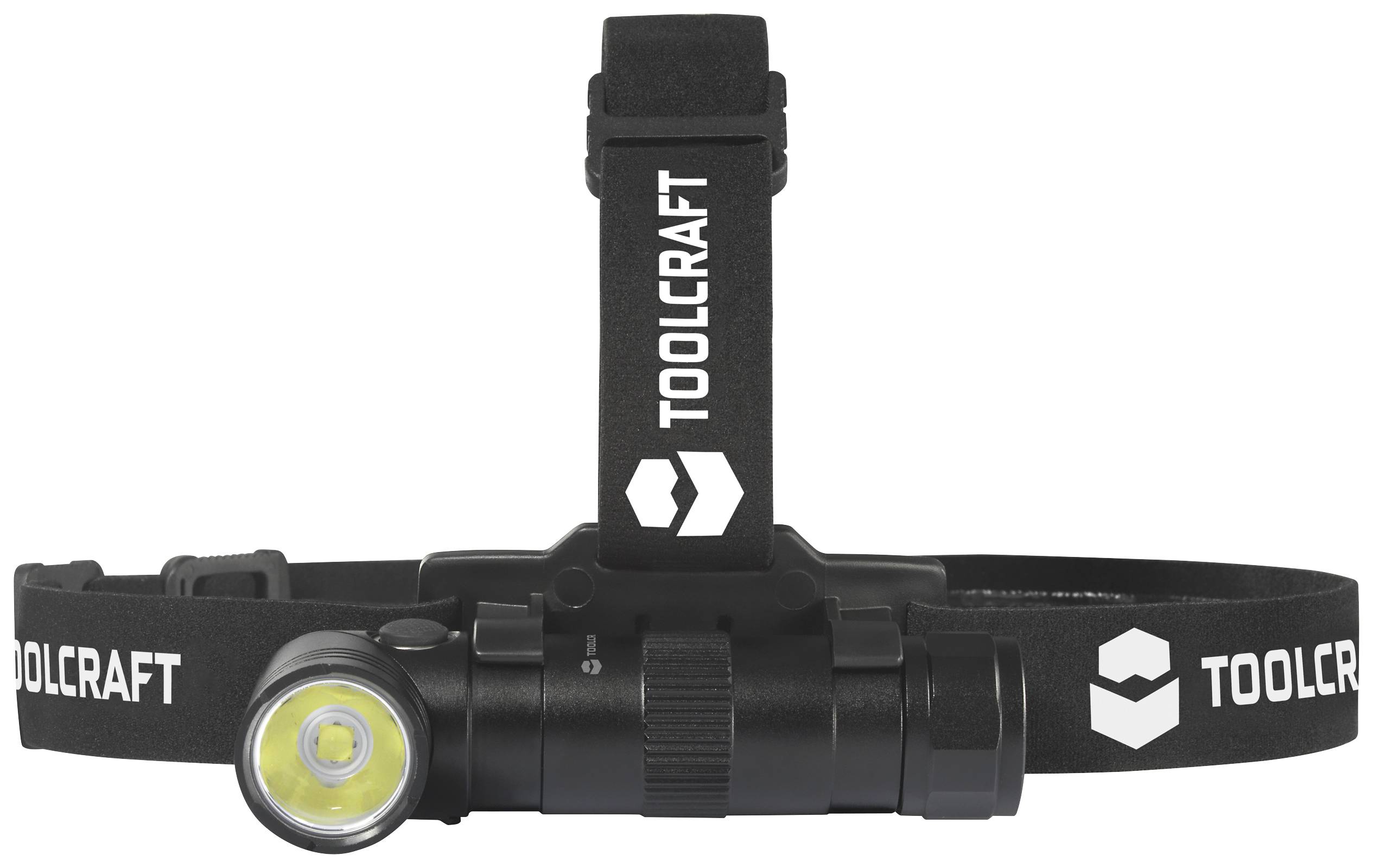 Black head torch by Toolcraft with adjustable strap. A round LED light is located on the front.