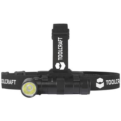 Black head torch by Toolcraft with adjustable strap. A round LED light is located on the front.