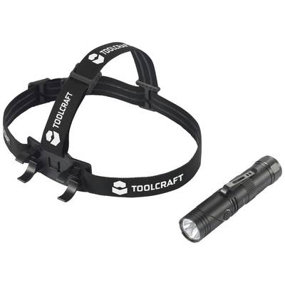 Head torch by TOOLCRAFT with removable, black and silver torch attachment and adjustable headband.
