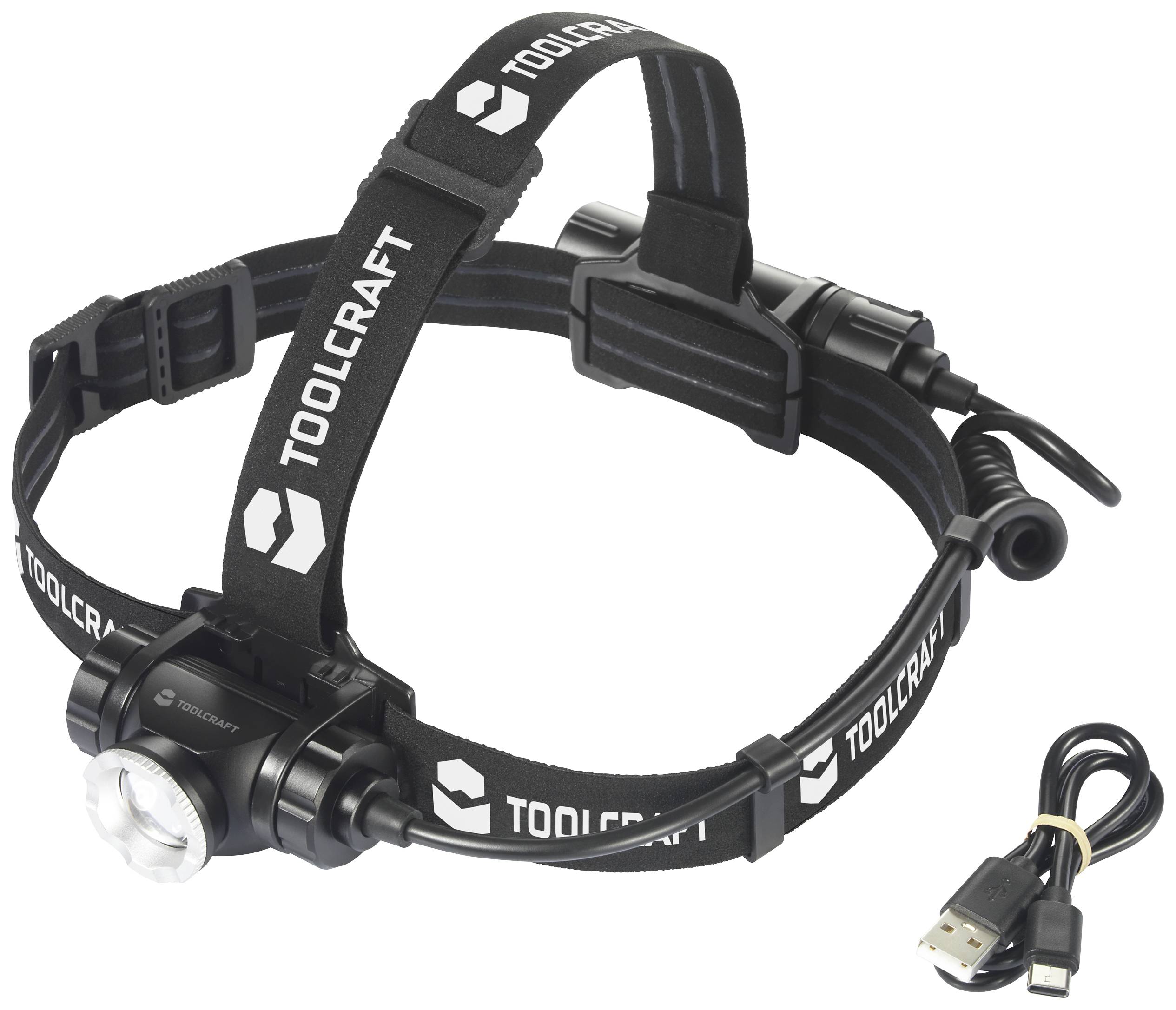 Head torch with adjustable headband, charging port and USB cable. Suitable for outdoor activities or working in low-light conditions.