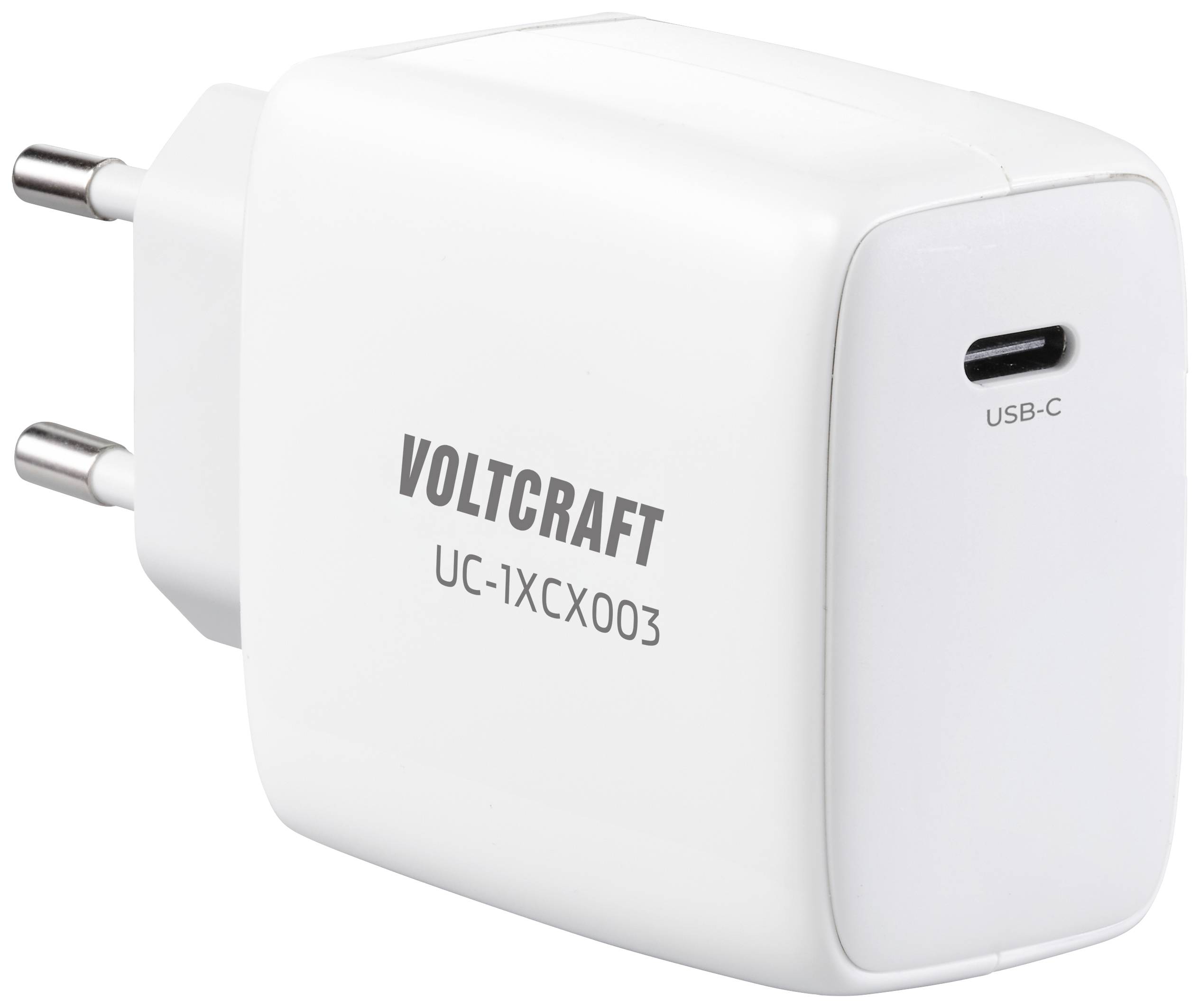 White USB-C charging adapter by Voltcraft with model number UC-1XCX003, suitable for charging devices such as smartphones and tablets.