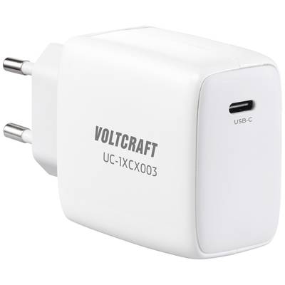 White USB-C charging adapter by Voltcraft with model number UC-1XCX003, suitable for charging devices such as smartphones and tablets.