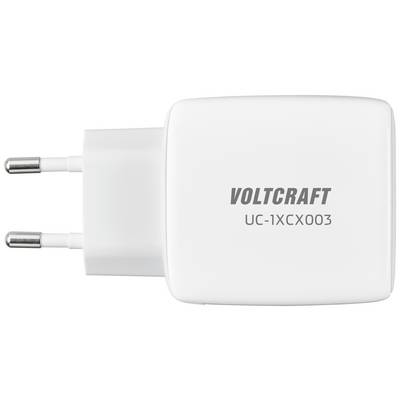A white Voltcraft charger, model UC-1XCX003, with two plugs for the European power socket.