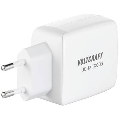 White charger with EU plug; marked with 'Voltcraft' and model number 'UC-1XCX003'.