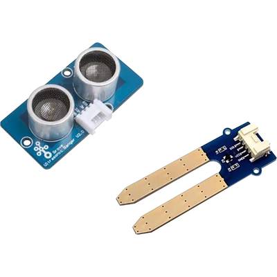 'Two sensors on blue circuit boards: on the left, an ultrasonic sensor with two metal cylinders, on the right, a soil moisture sensor with two long probes.'