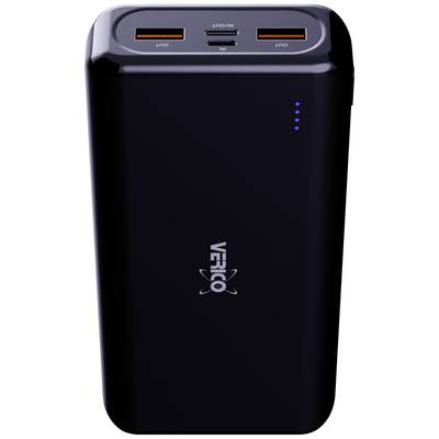 A black power bank with two USB outputs and a USB-C input. Four blue LEDs indicate the charging status.