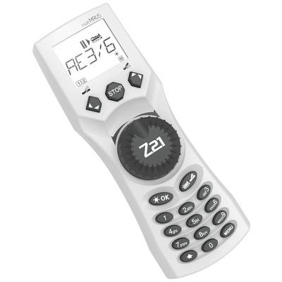 'White remote control for a model railway. LCD screen displays 'RE3:6'. Control buttons, menu and numeric keys visible.'
