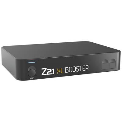 A rectangular Z21 XL booster, a device for amplifying electrical signals, with a black casing and a control knob on the left.