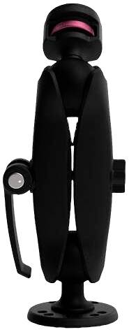 Black device mount with adjustable arm and rotating head, suitable for attaching cameras or other devices.