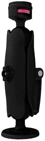 A black, foldable mobile phone holder with a round base and a pink button on top for stabilisation and adjustment.