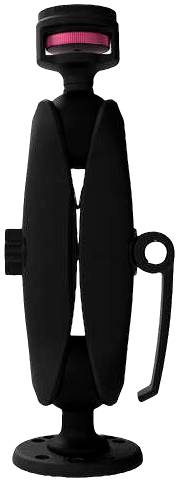 A black, adjustable holder with a red rotary knob. It has a sturdy base and a side lever for adjustment.