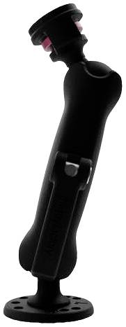 Black, flexible mounting bracket with base and adjustable arm, suitable for attaching devices to surfaces.