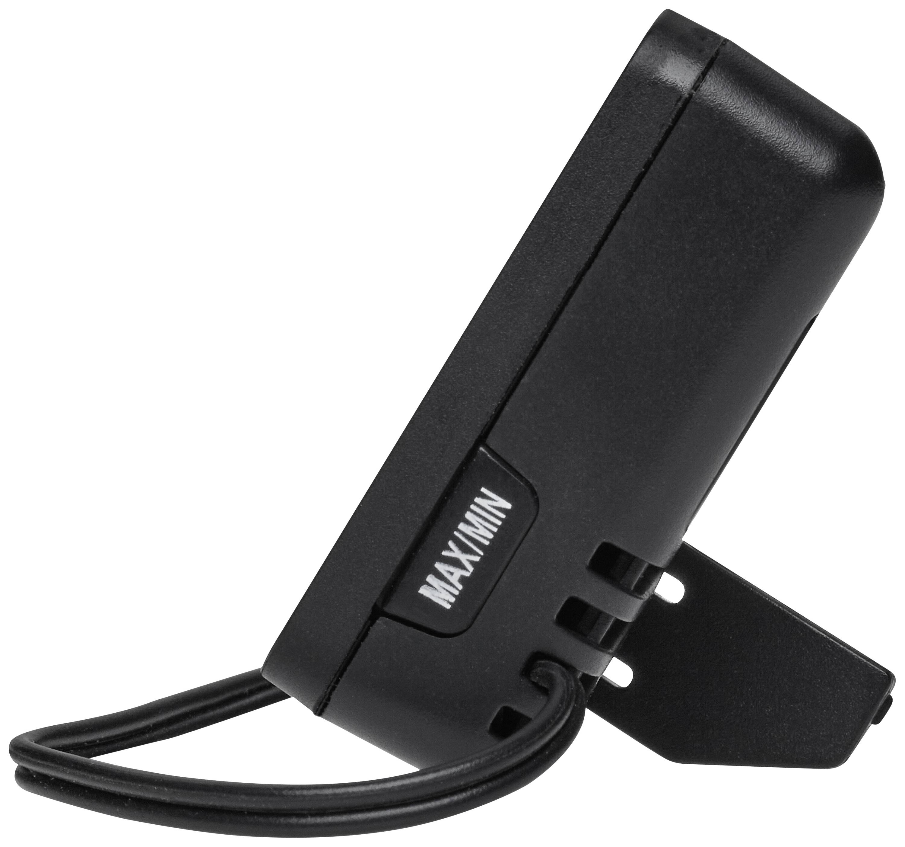 A black digital thermo-hygrometer in side view, displaying 'MAX/MIN' for storing maximum and minimum values.