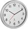 Analogue wall clock with a silver frame, showing 2:10. Dark numerals on a white dial, with a red second hand.