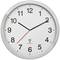 Analogue wall clock showing 10:10, silver frame, black numerals and hands, red second hand, labelled 'Radio Controlled'.