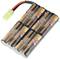 A battery pack with six AA batteries, connected in two rows. A cable with a white connector leads off from one side.