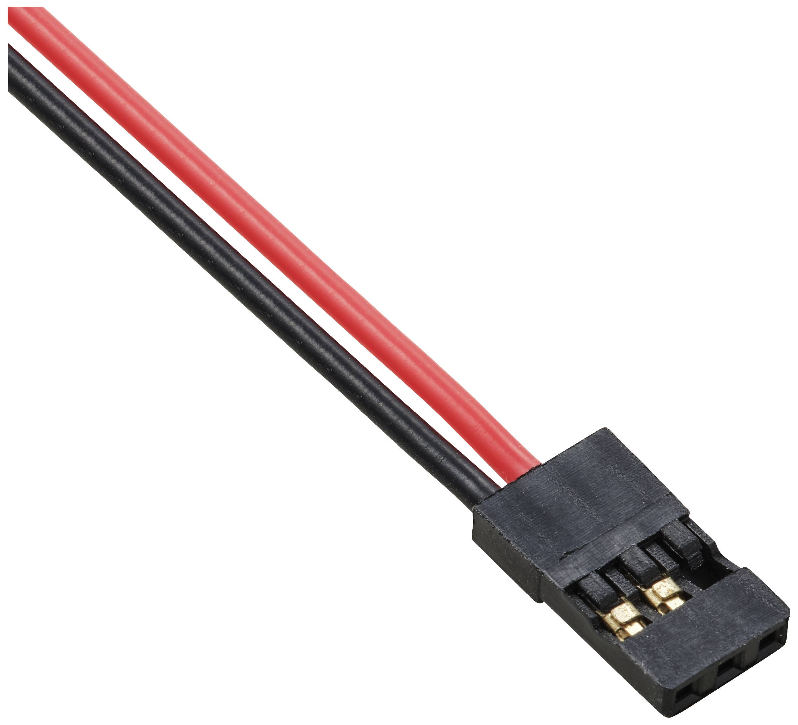 'JST Connector: Black and red cable on a two-pole plug, commonly used for electrical connections in electronic devices.'