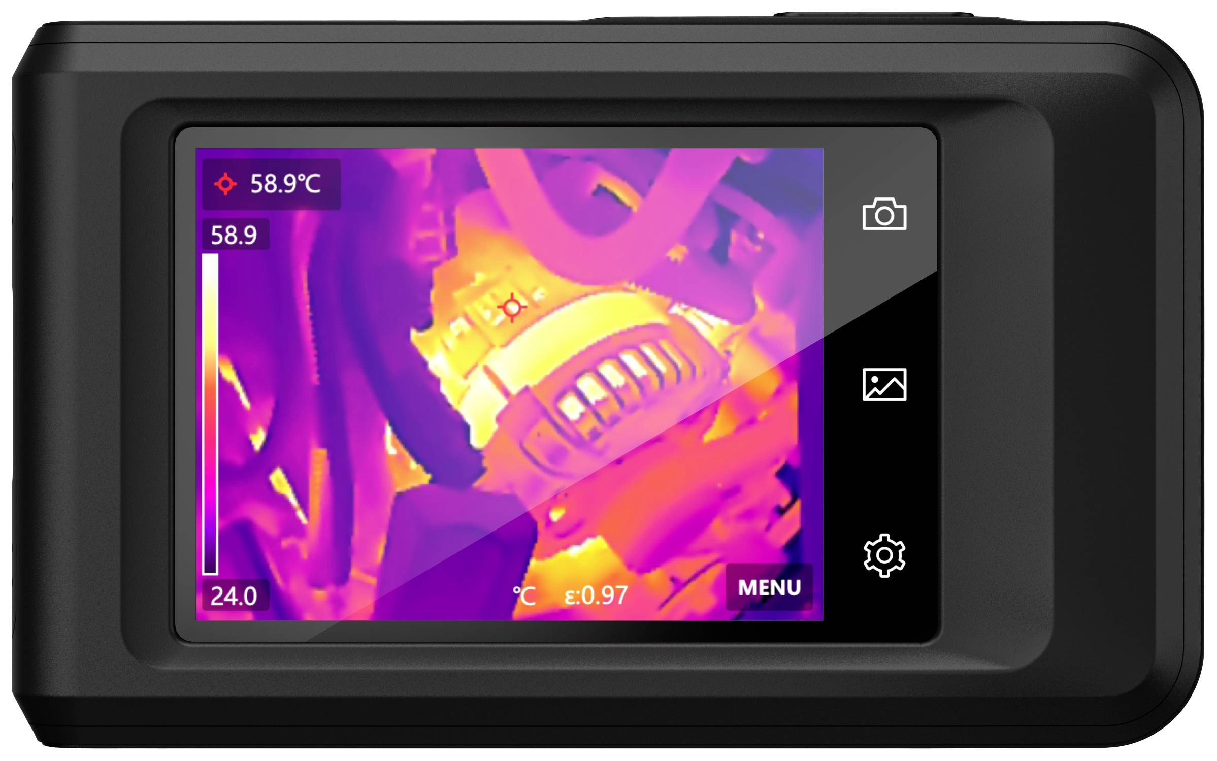 A thermal imaging camera shows a technical component with a temperature distribution ranging from 24.0°C to 58.9°C.