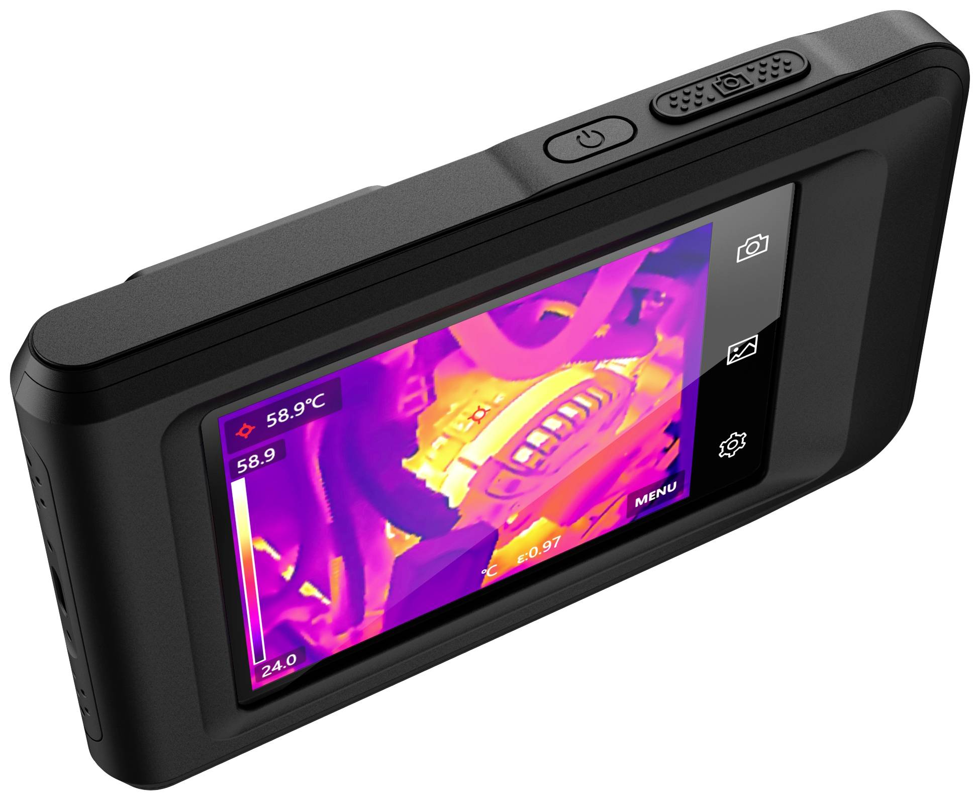 A handheld device with a screen displays a thermal image in purple and orange tones. The temperature display in the top left shows 58.9°C.