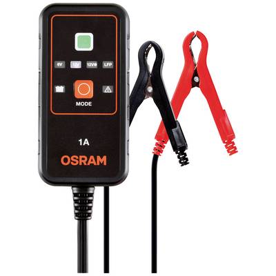A battery charger with two crocodile clips in black and red. The display shows various modes for 6V, 12V and 12V LFP.