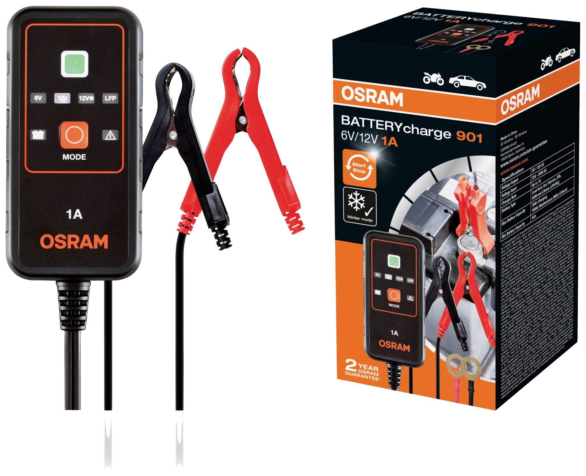Osram BATTERYcharge 901 Battery Charger with Clips, Suitable for Cars and Motorcycles, 6V/12V, 1A. Packaging Shows Application Instructions.