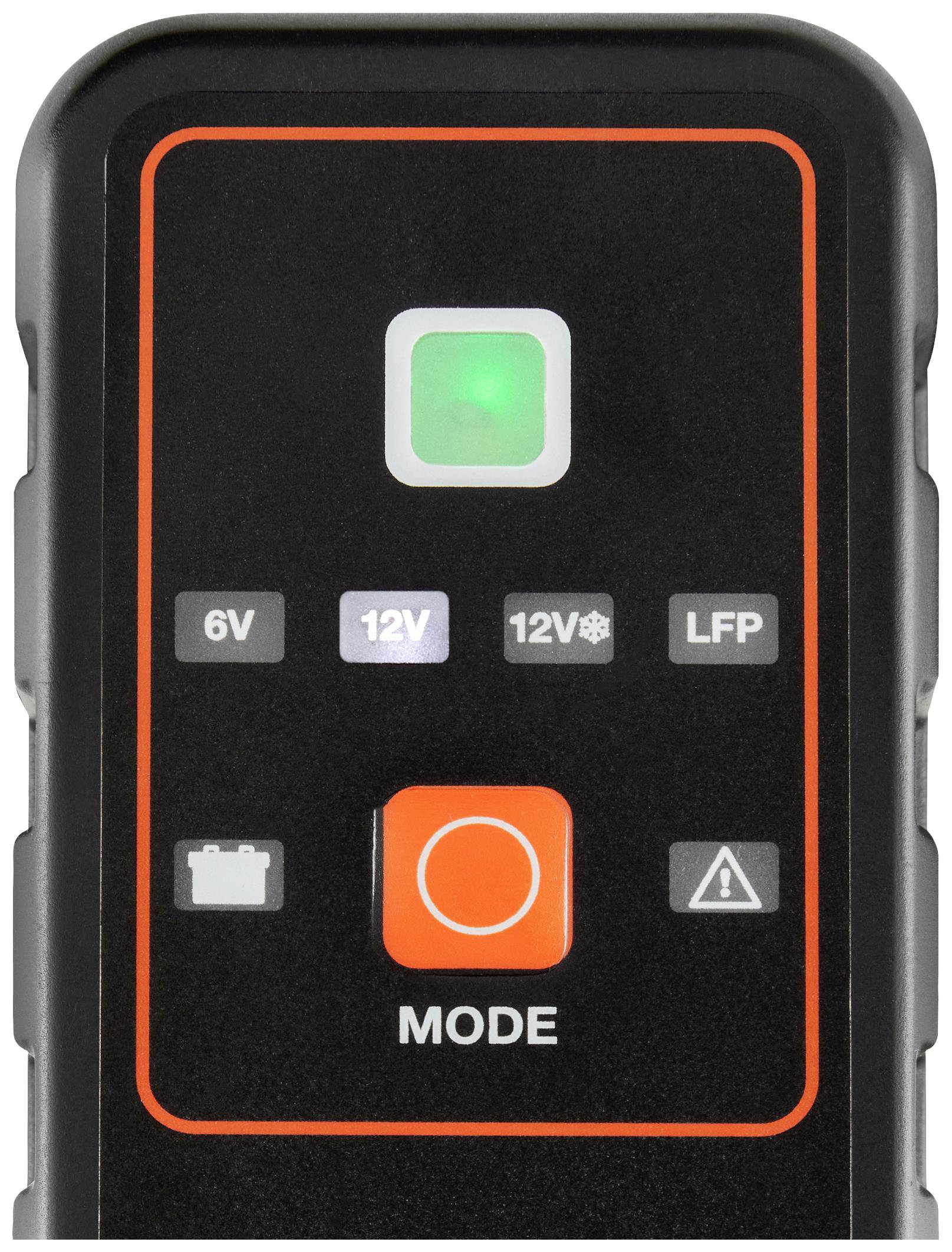 Black control interface of a battery charger with a glowing green indicator, various voltage modes, and a 'MODE' button.