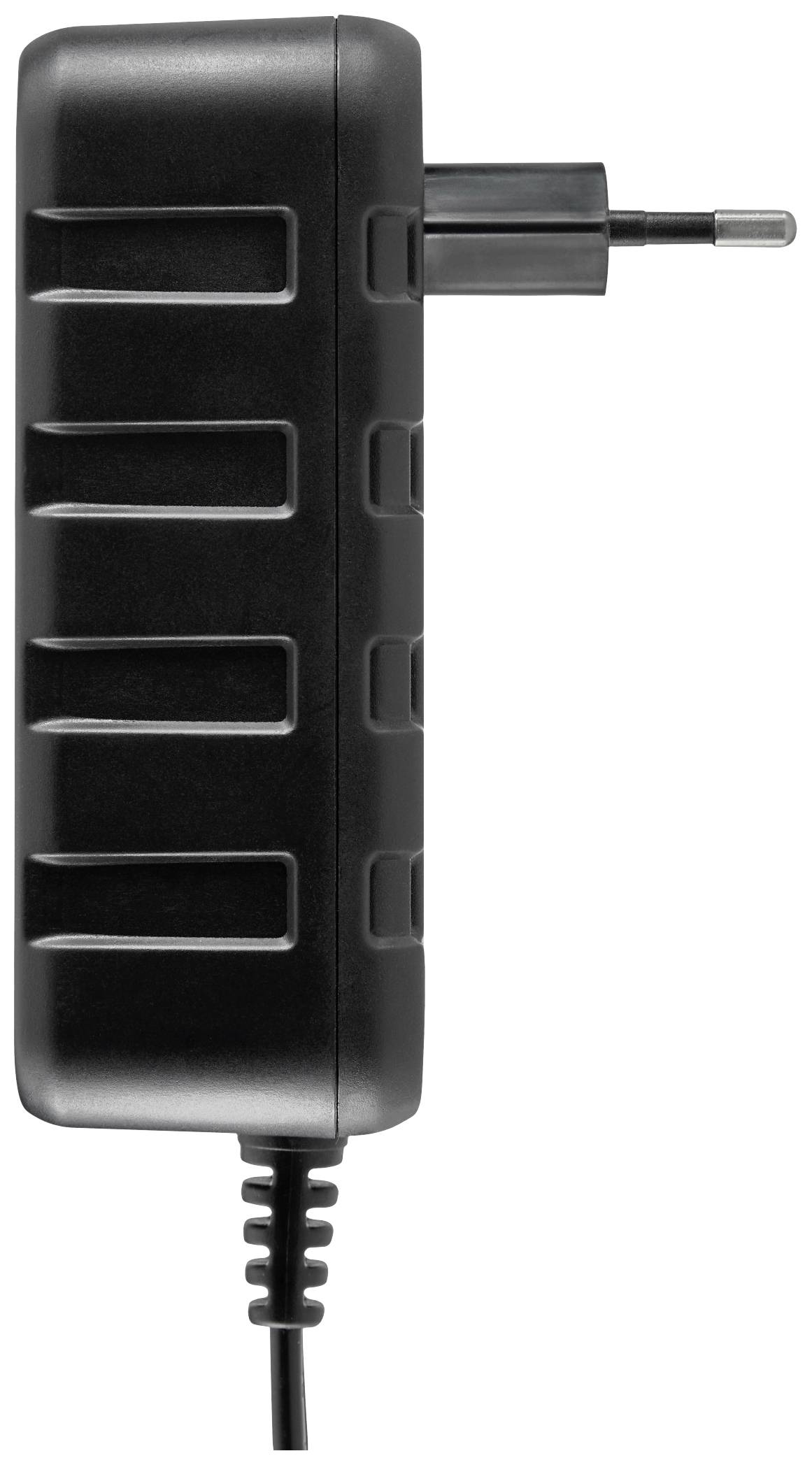 Black power adapter with Euro plug and ribbed casing, side view. Suitable for charging electronic devices.