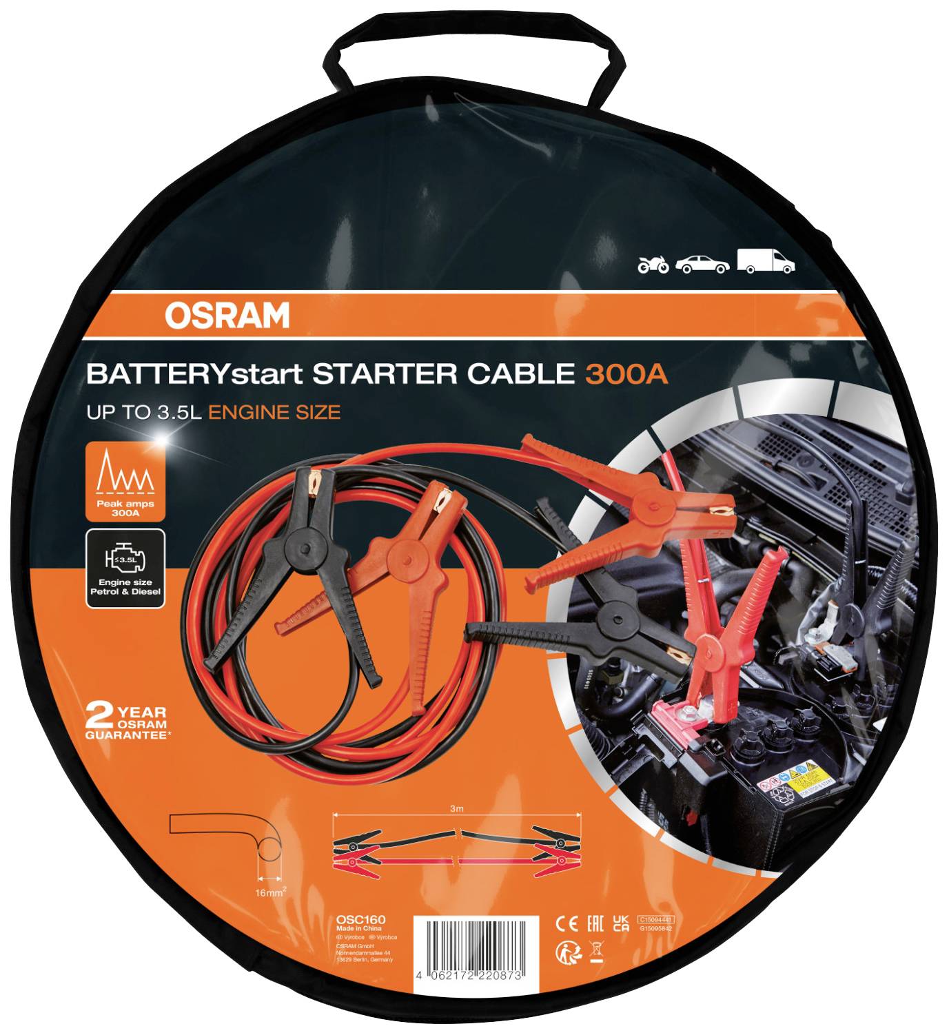 Round case with OSRAM jump leads for engines up to 3.5 litres. Image shows cables connected to car battery terminals.