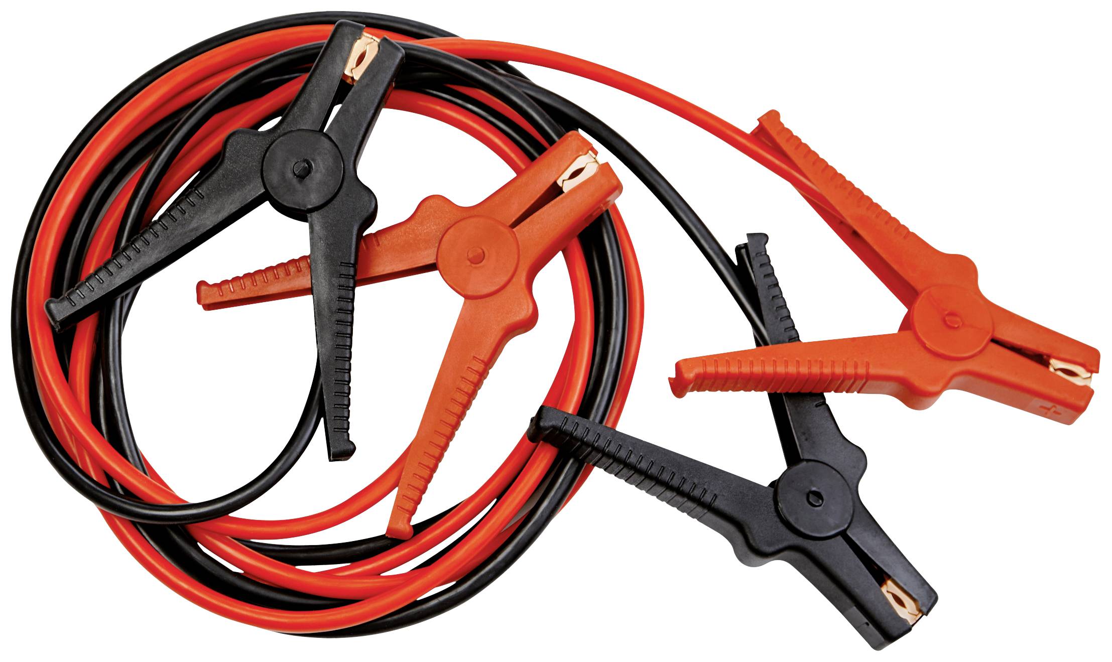 A set of red and black jump leads with clamps.