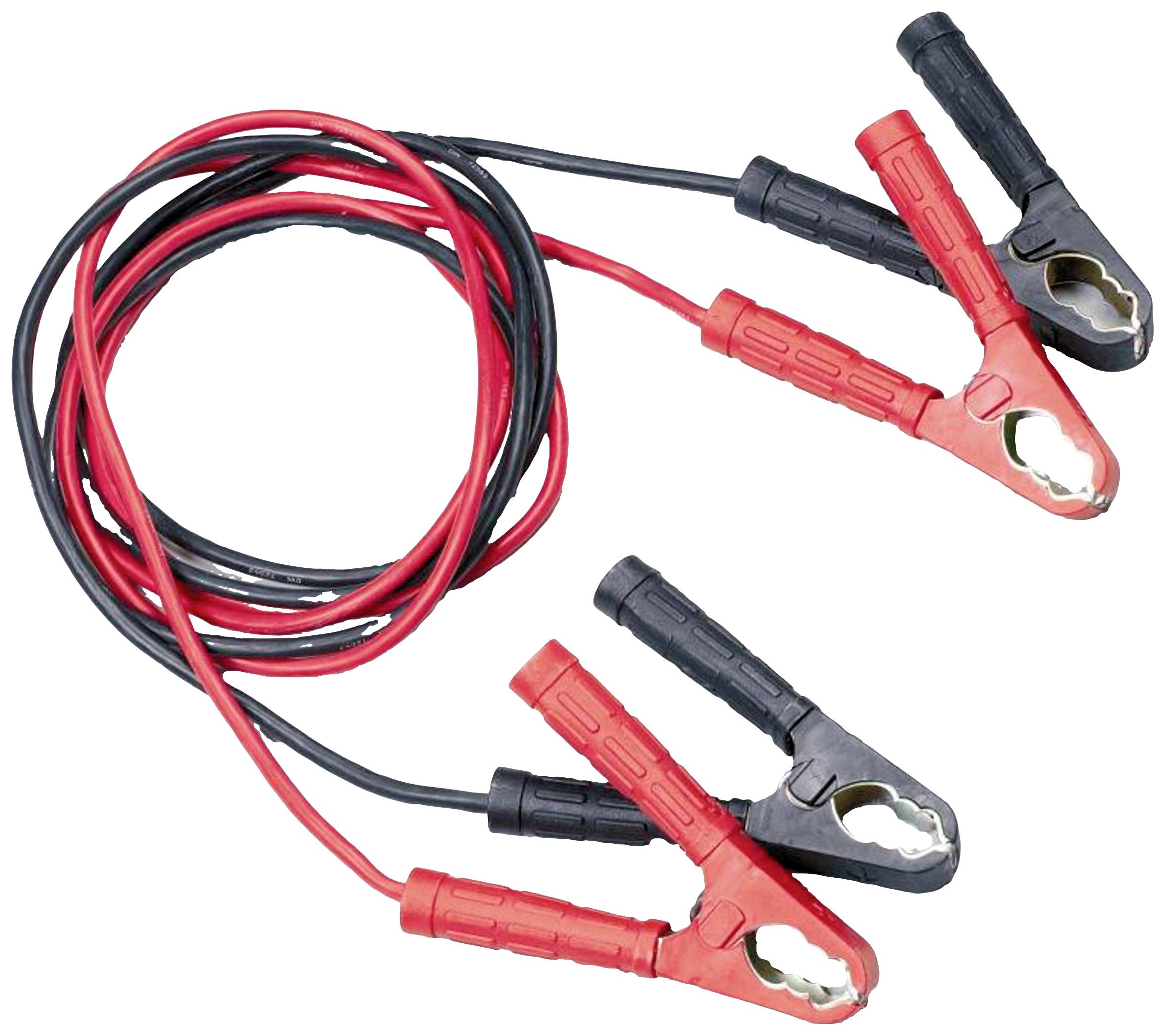 Red and black jump leads with clamps, used for jump-starting car batteries.