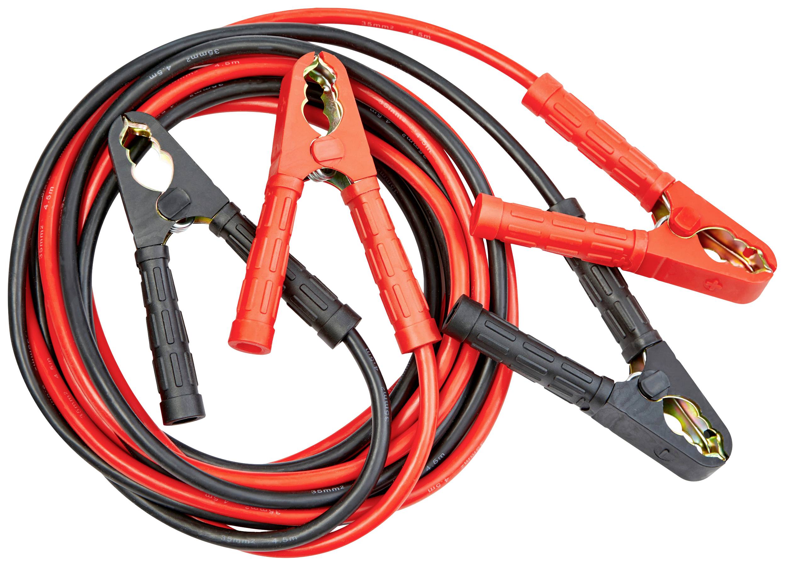 'Jump leads in red and black, with clamps, in a spiral arrangement.'