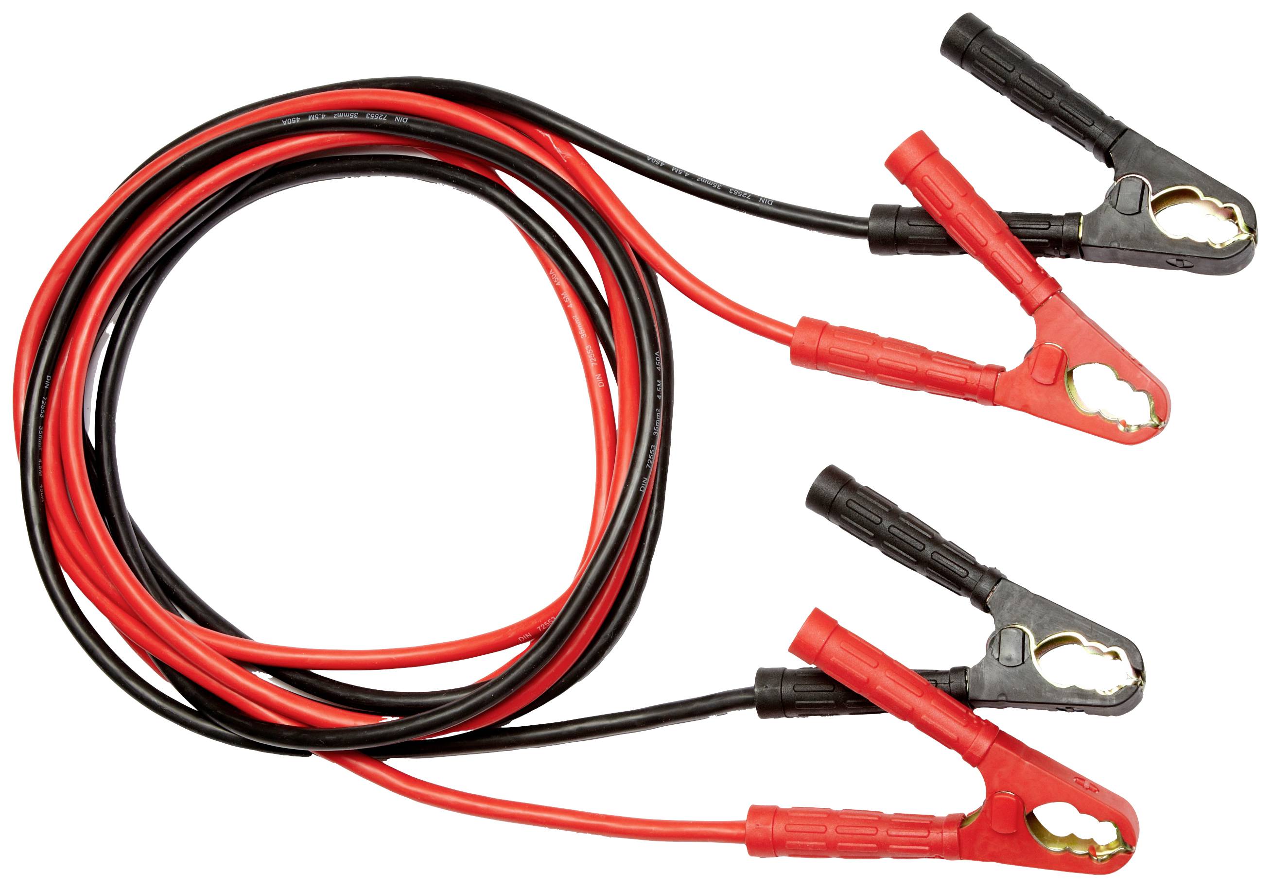 Red and black jump leads with clamps, for jump-starting car batteries.