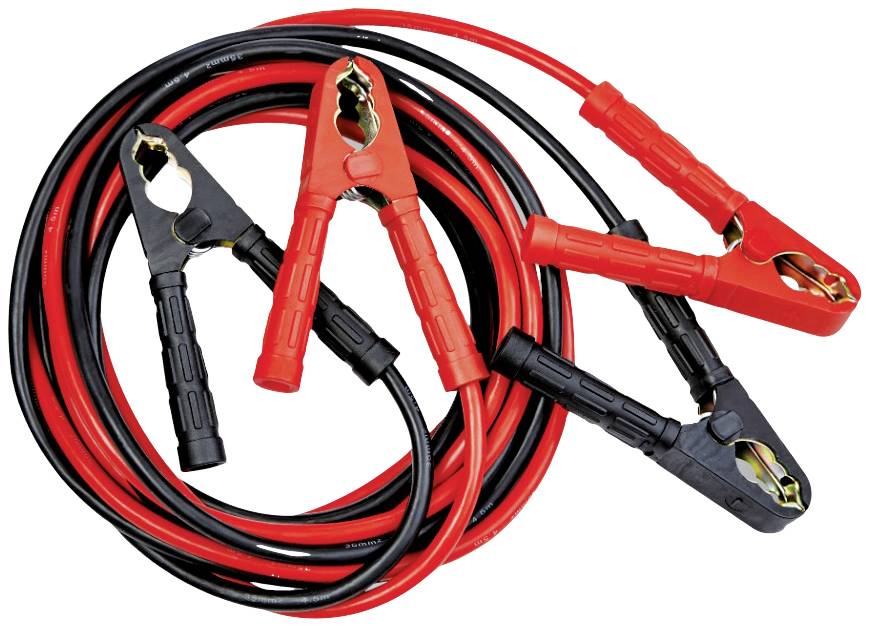 A pair of red and black jump leads with clamps, used for jump-starting a vehicle's battery.