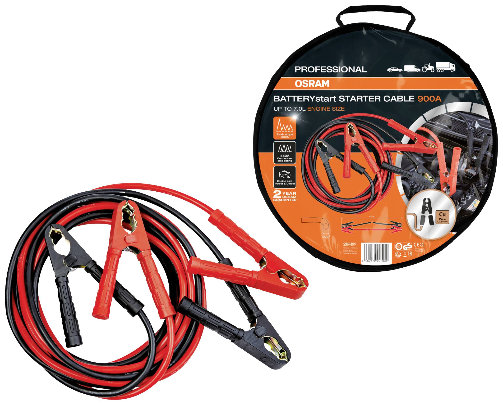 A set of jump leads in red and black on a white background. Packaging displays 'Professional OSRAM' and details on usage.