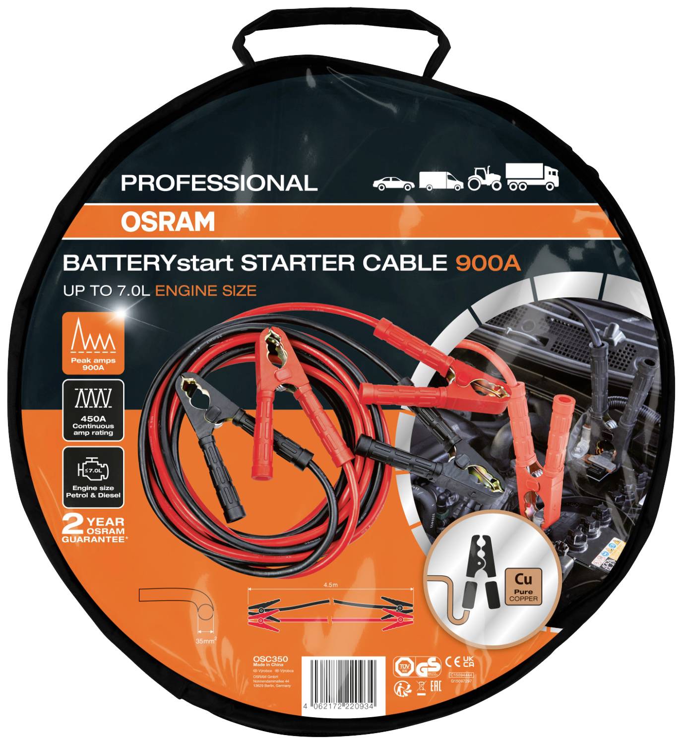 'OSRAM Battery Jump Leads 900A' in a circular package. Suitable for engines up to 7.0L. Includes an image of a connected cable.