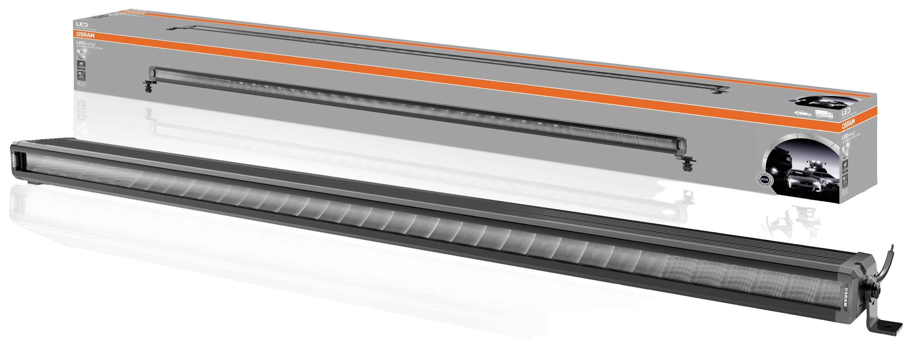 LED light in a black aluminium housing, next to its packaging with an image of the light. Suitable for use in vehicles.