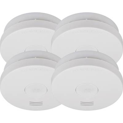Four white round smoke detectors arranged in a 2x2 cluster on a plain background.