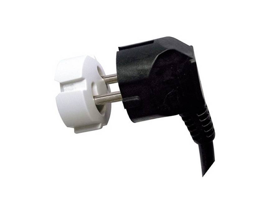 A black electrical plug with a white safety cover around the pins. The plug is slightly angled.