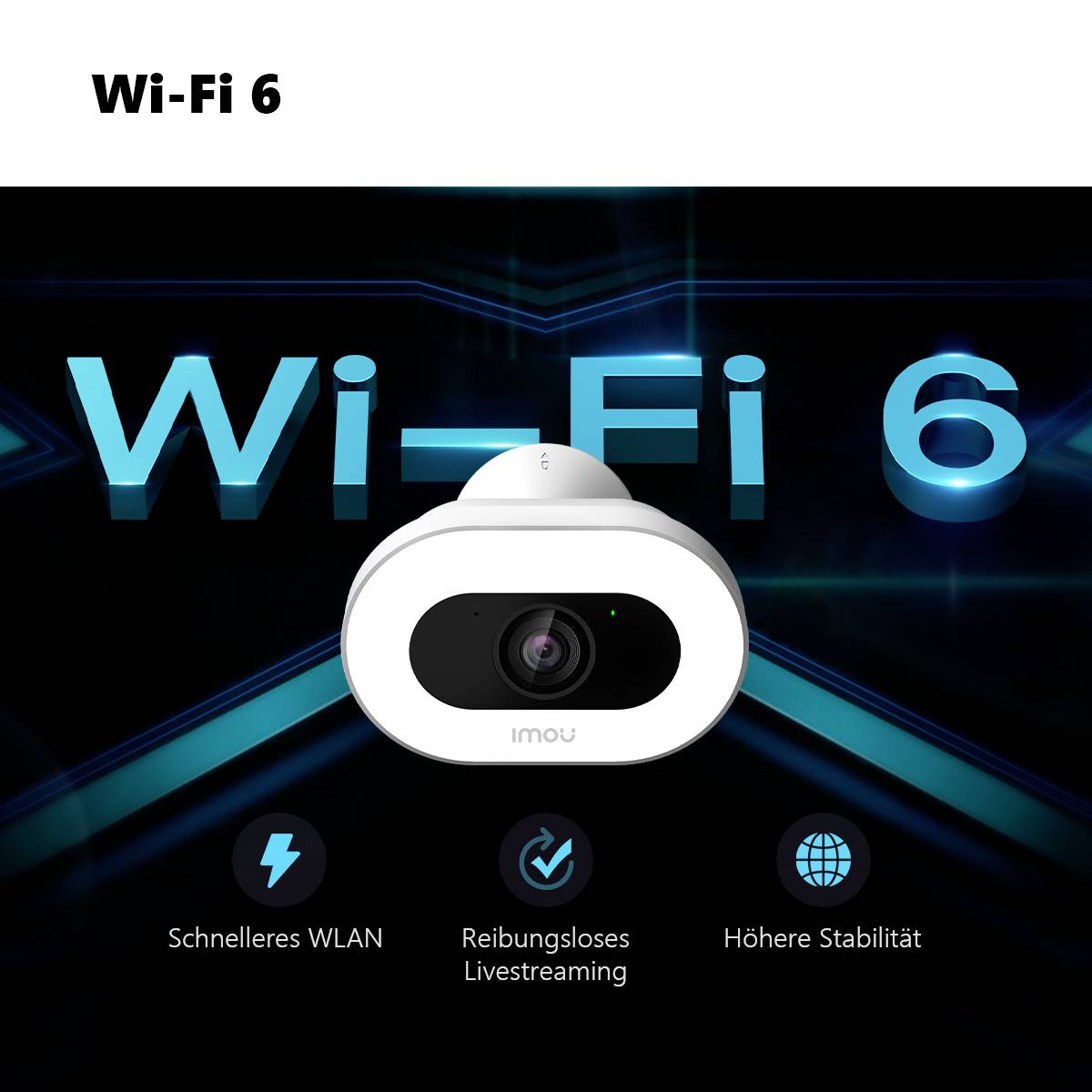 A camera in front of a 'Wi-Fi 6' background. Text: 'Faster Wi-Fi, Seamless Live Streaming, Enhanced Stability'.